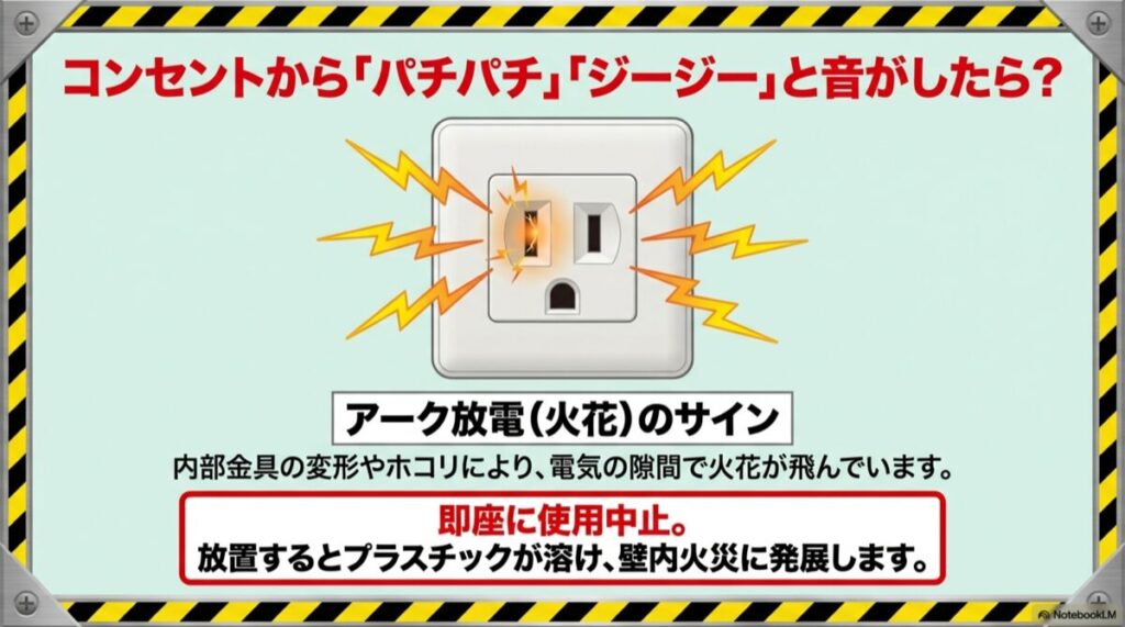 コンセントの差し込み口から火花が飛び、警告音をイメージさせるイラスト
