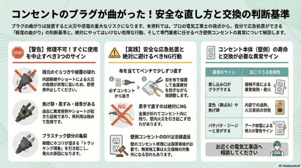 コンセントのプラグが曲がった!安全な直し方と交換の判断基準