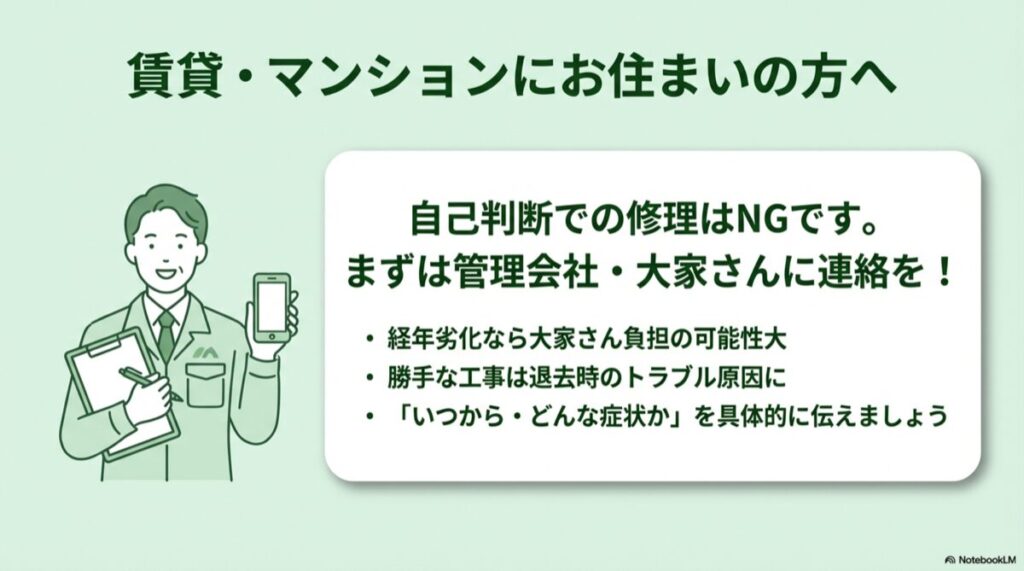 管理会社や大家さんへ連絡を促す電気工事士のイラスト