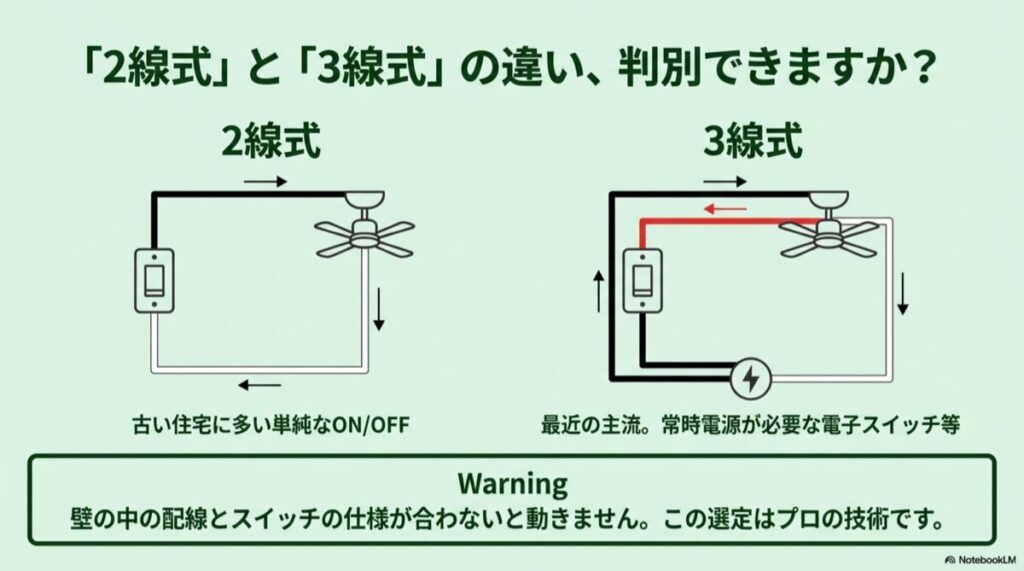 2線式と3線式の電気回路図と、選定の重要性を説く注意書き