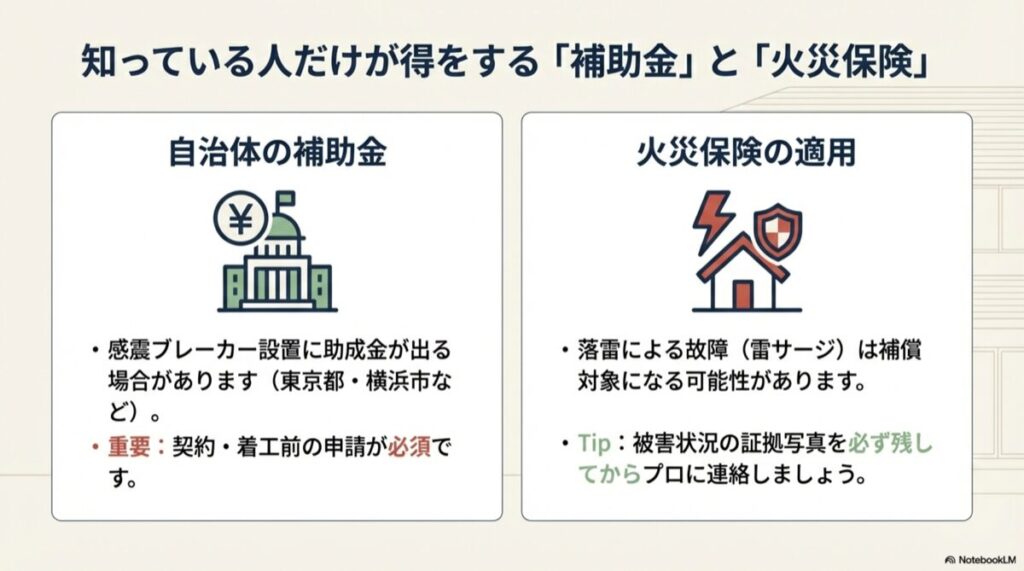 自治体の補助金と火災保険の適用でお得に分電盤交換ができることを示すアイコン画像