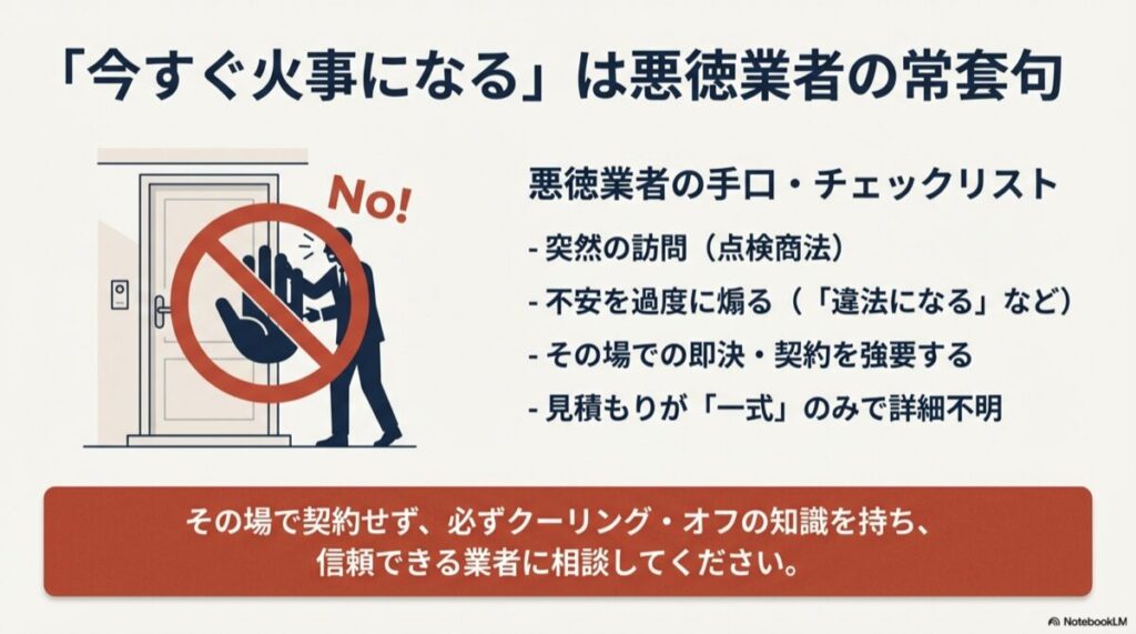 「今すぐ火事になる」と不安を煽る点検商法など、悪徳業者の常套句と手口をまとめたチェックリスト画像