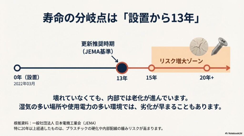 設置から13年を更新推奨時期、15年以降をリスク増大ゾーンとして示した分電盤の寿命グラフ