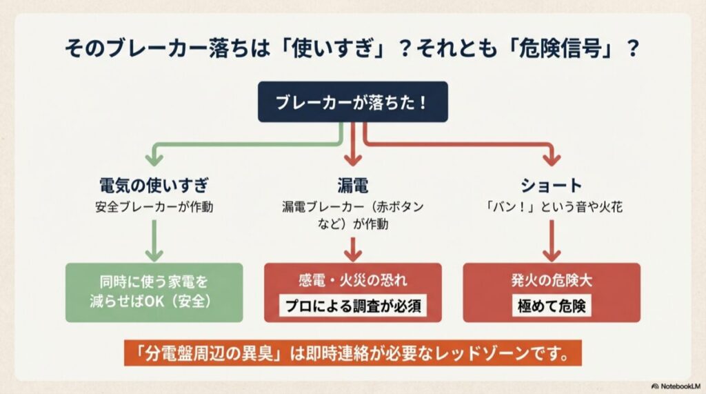 ブレーカー落ちの原因を「電気の使いすぎ(安全)」「漏電(プロの調査必須)」「ショート(極めて危険)」の3つに分類したフローチャート