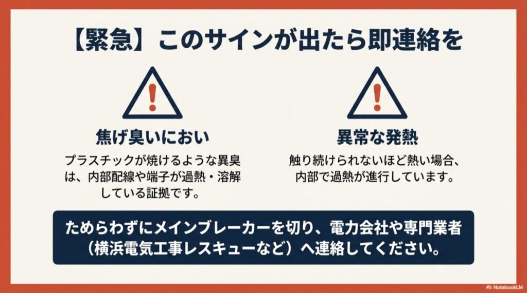 焦げ臭いにおいや異常な発熱など、即時連絡が必要な分電盤の緊急サインを知らせる警告画像