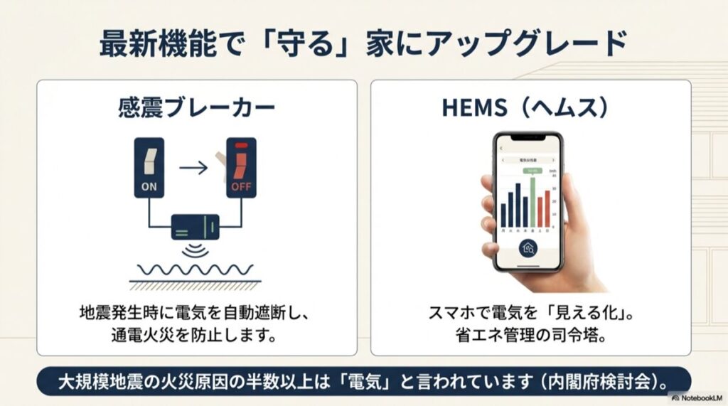 スマートフォンで電気使用量を管理するHEMSの画面と、地震時に通電火災を防ぐ感震ブレーカーのイメージ画像