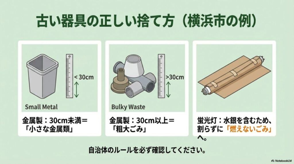 蛍光灯、30cm未満の金属、30cm以上の粗大ごみの分別方法をサイズ別に示した図解