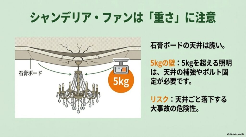 石膏ボードの天井に重いシャンデリアを吊るした際の歪みと、5kgの壁を示すイラスト