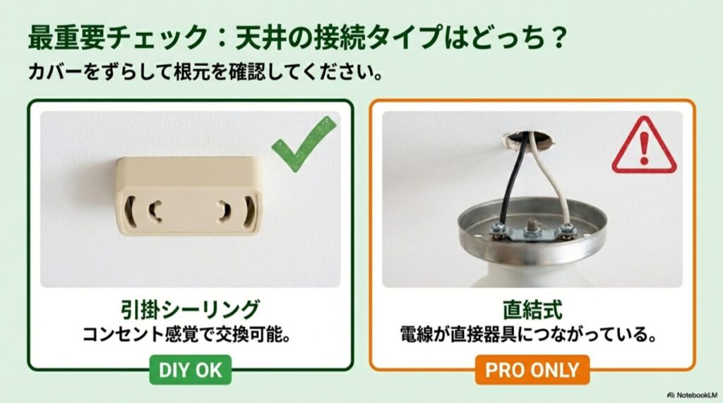 天井の接続部分の比較。DIY可能な引掛シーリングと、資格が必要な直結式の写真と解説