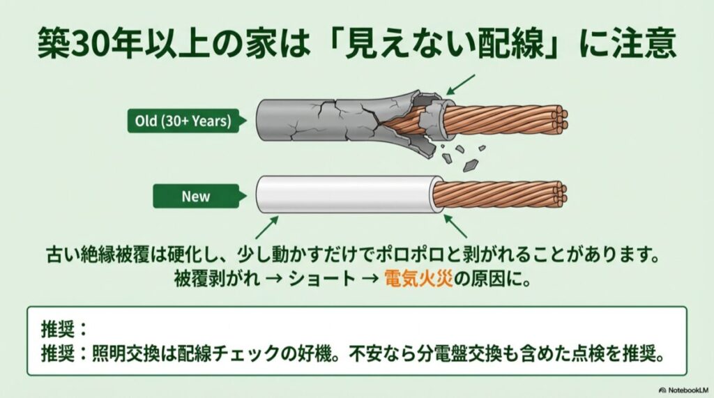 30年以上経過した硬化してボロボロになった絶縁被覆と新しい配線の比較イラスト