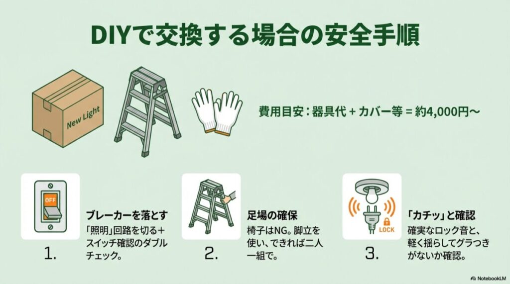 ブレーカーOFF、脚立の利用、カチッというロック音の確認までの3ステップ図解