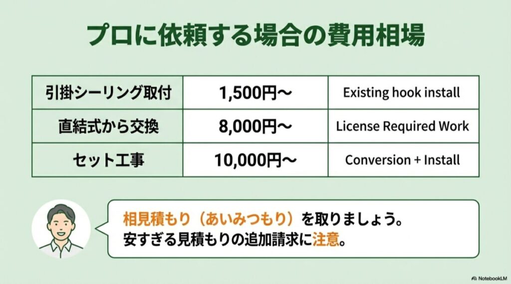 引掛シーリング取付1,500円〜、直結式交換8,000円〜などの費用一覧表 記事内の表を補足し、相見積もりの重要性をプロの視点から再認識させるため。
PAGE 13 (最終チェック) <h4>安全な照明交換のための最終チェックリスト</h4>の直前 照明交換完了前の最終確認シート