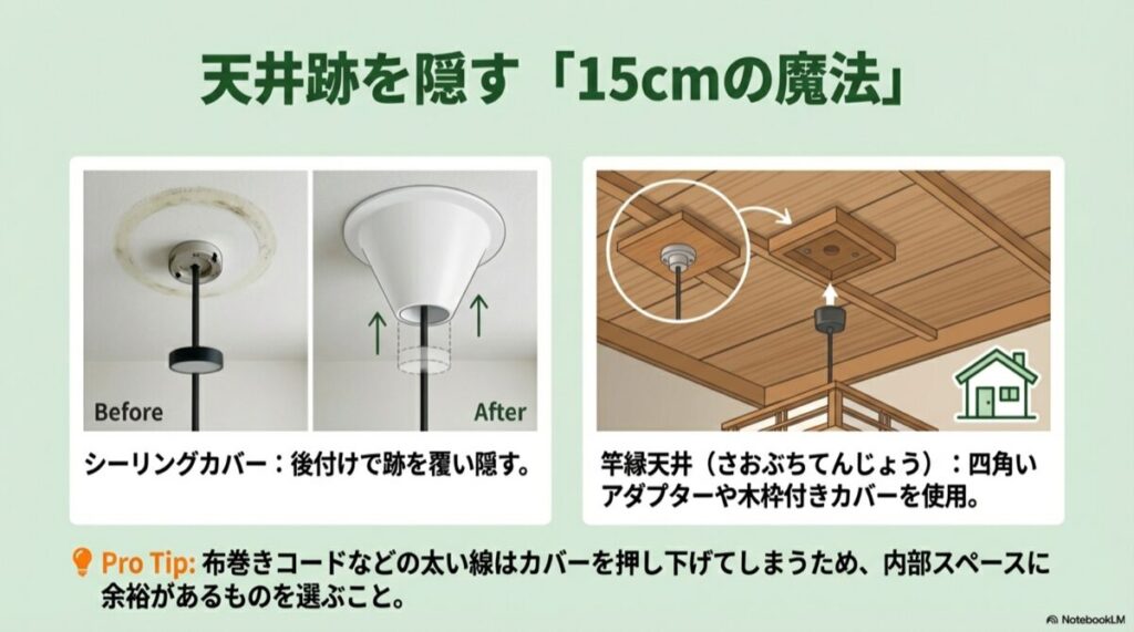 照明の設置跡をシーリングカバーで隠すBefore/Afterと、竿縁天井用アダプターの図解