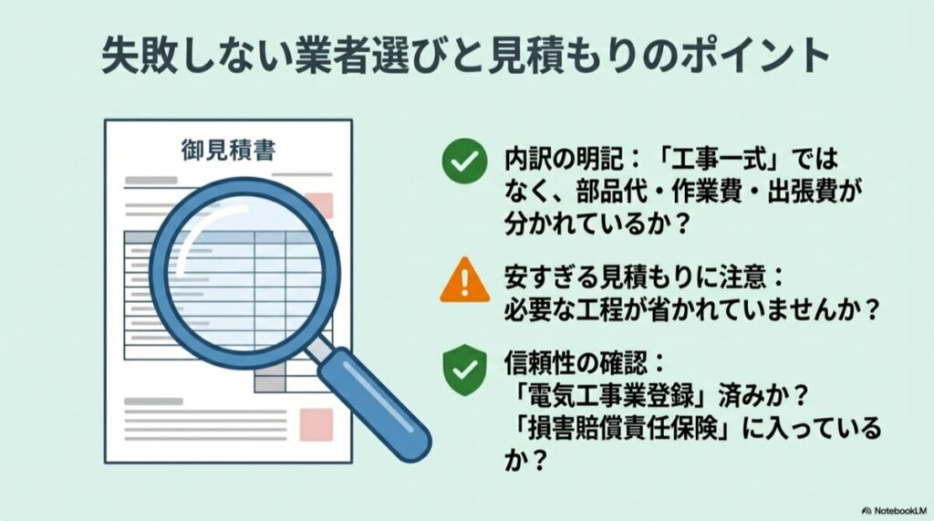 業者から提出された工事一式の見積書と詳細な内訳をルーペで確認するイラスト