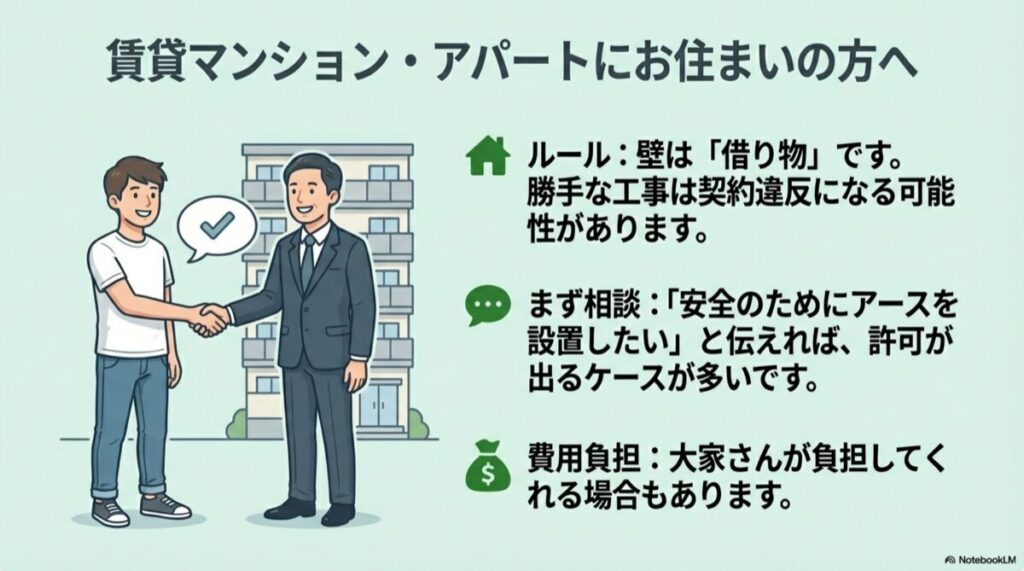 アース工事の許可について、賃貸アパートの大家や管理会社と相談する入居者のイラスト