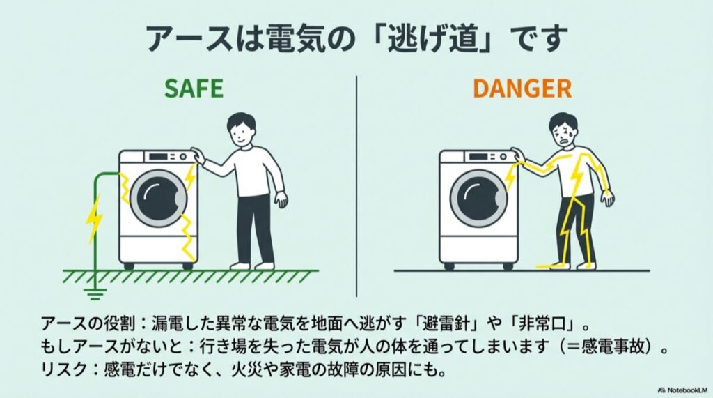 アース線がない洗濯機が漏電し、触れた人体に電気が流れる感電事故のイラスト
