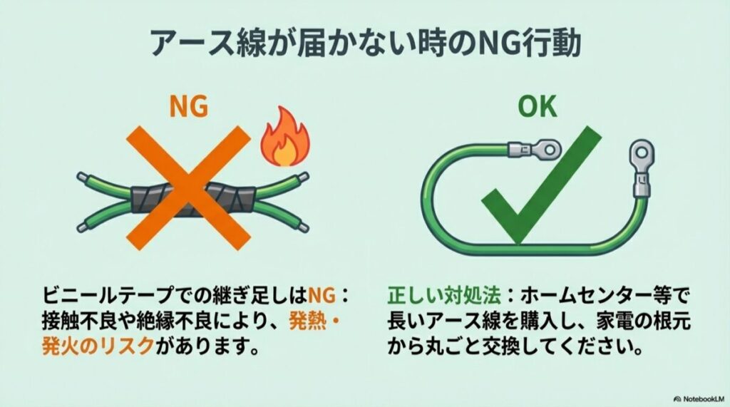 ビニールテープでの継ぎ足しを禁止し、長いアース線への交換を推奨するイラスト