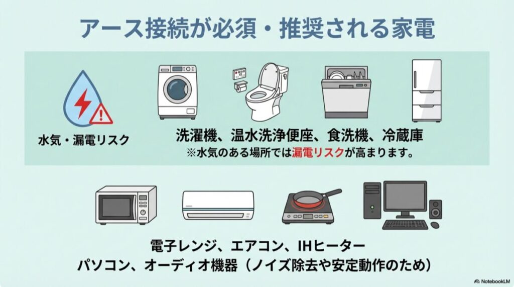 洗濯機や温水洗浄便座、食器洗い乾燥機など水気がありアース接続が必要な家電のイラスト
