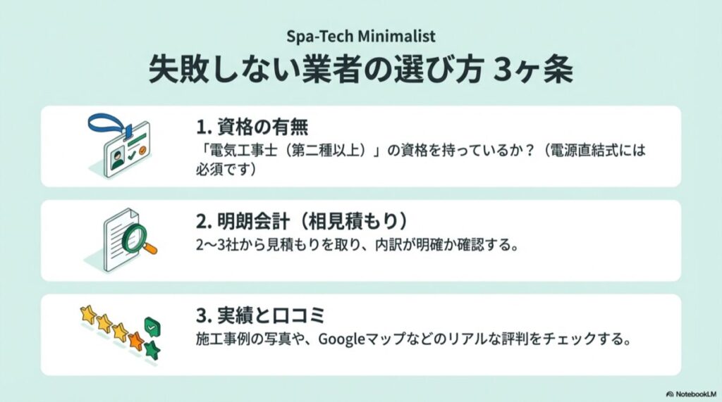 電気工事士の資格確認、複数社からの相見積もり、実績と口コミの確認という優良業者選びの3つのポイント
