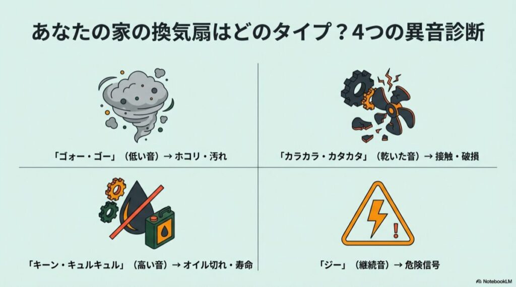 ゴォー、カラカラ、キーン、ジーという4種類の換気扇の異音とそれぞれの原因を示す図解