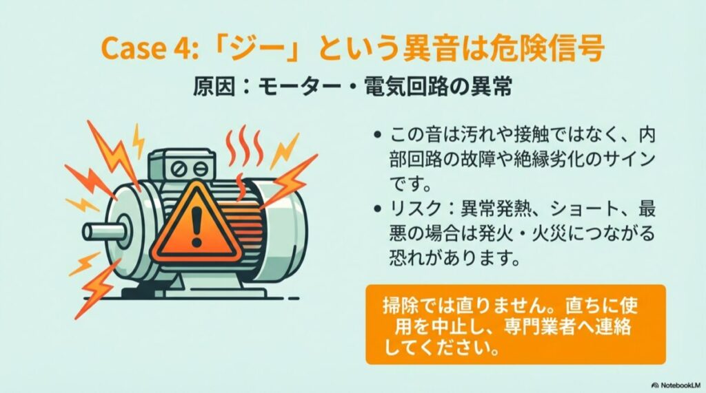 換気扇のモーター部分から異常な電気や熱が発生している警告イラスト
