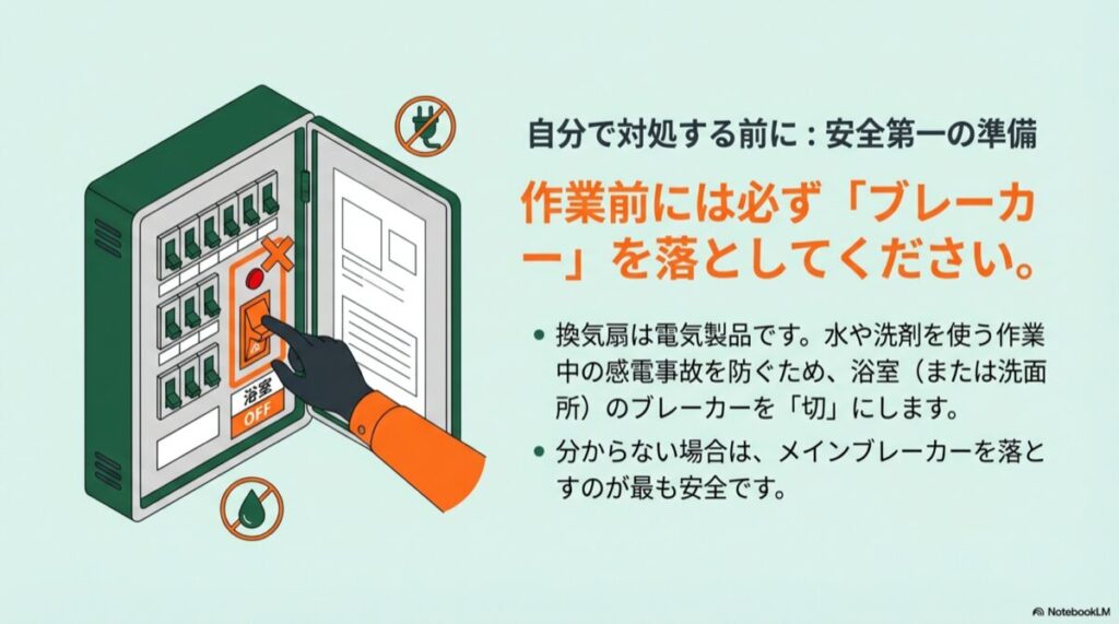 感電を防ぐため、浴室のブレーカーをオフにする手順のイラスト