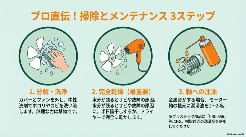 換気扇の分解洗浄、ドライヤーでの完全乾燥、モーター軸への注油の3ステップ