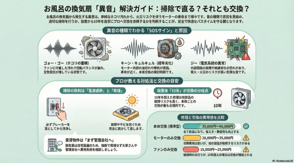 お風呂の換気扇「異音」解決ガイド:掃除で直る?それとも交換?