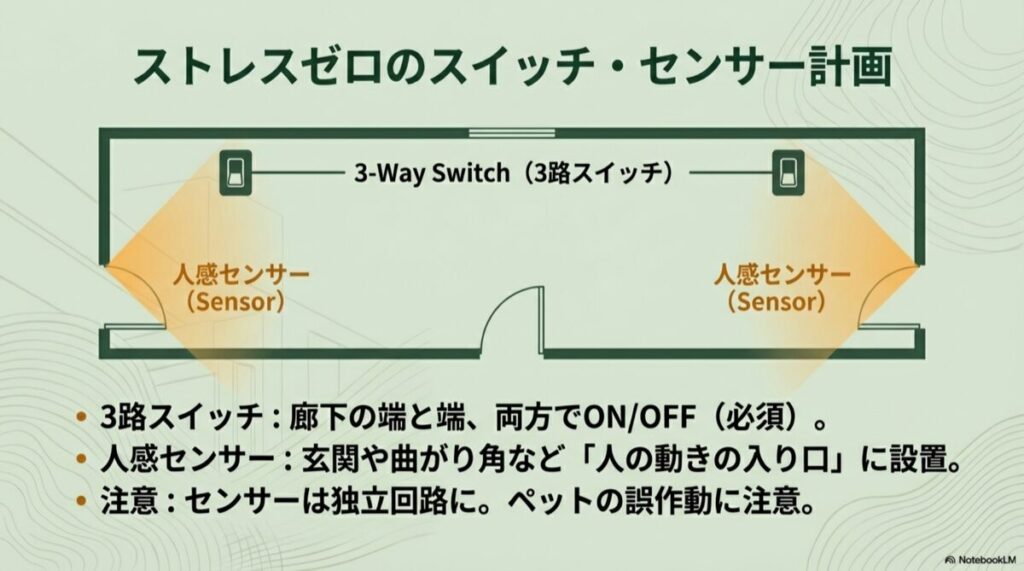 廊下の両端にある3路スイッチと、入り口に配置された人感センサーの仕組み図