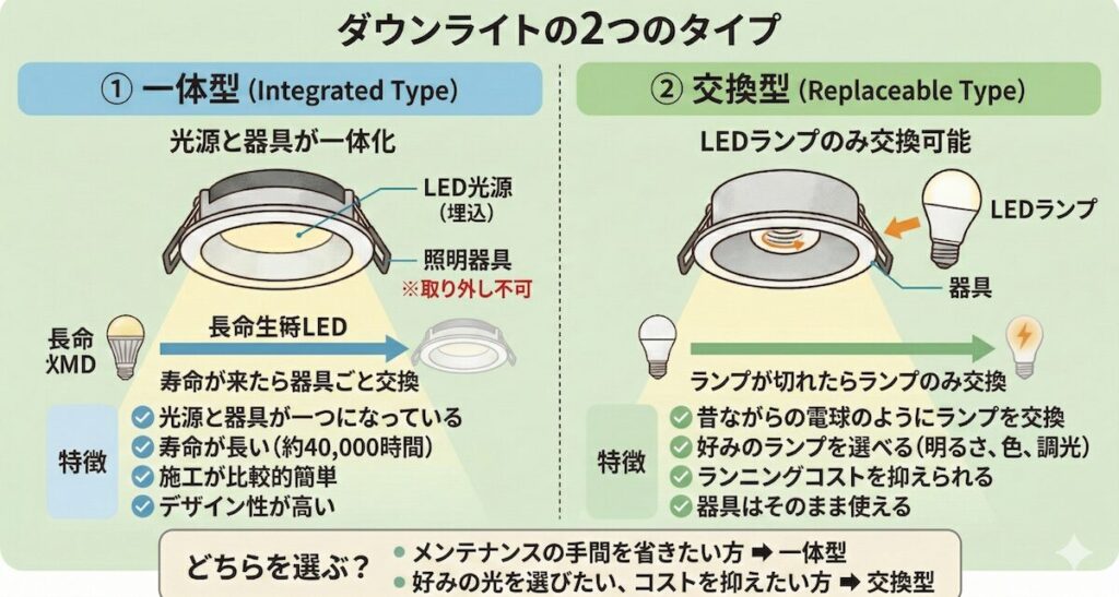 この画像は、ダウンライトの「一体型」と「交換型」の違いを比較したインフォグラフィックです。