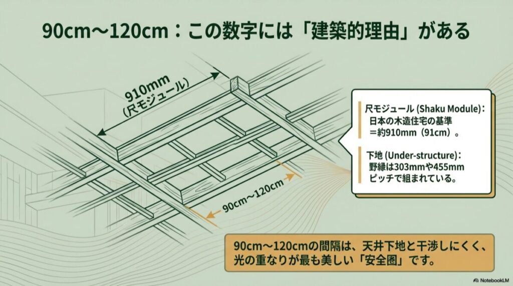 日本の尺モジュール（910mm）と天井下地（野縁）の関係を示す図解