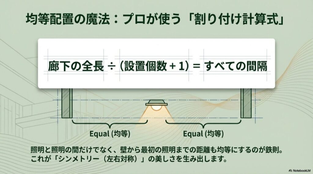 廊下の全長÷（設置個数＋1）＝すべての間隔という割り付け計算式の図解