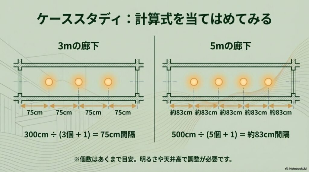 300cmと500cmの廊下における具体的なダウンライト設置間隔の計算例