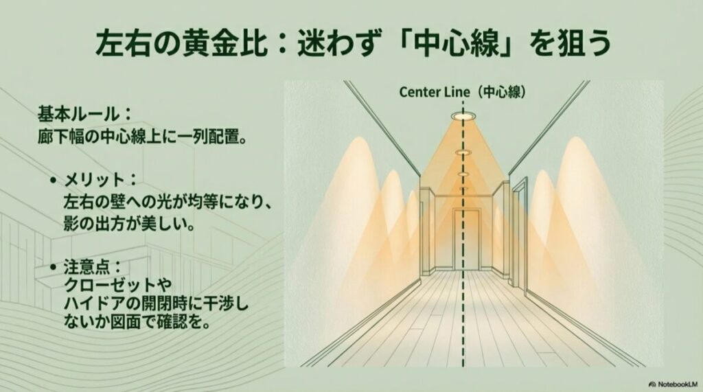 廊下の中心線上にダウンライトを配置し、左右の壁に均等に光が当たる様子を示す図