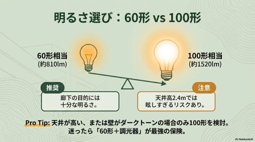 60形（推奨）と100形（眩しすぎるリスク）を天秤で比較している図解