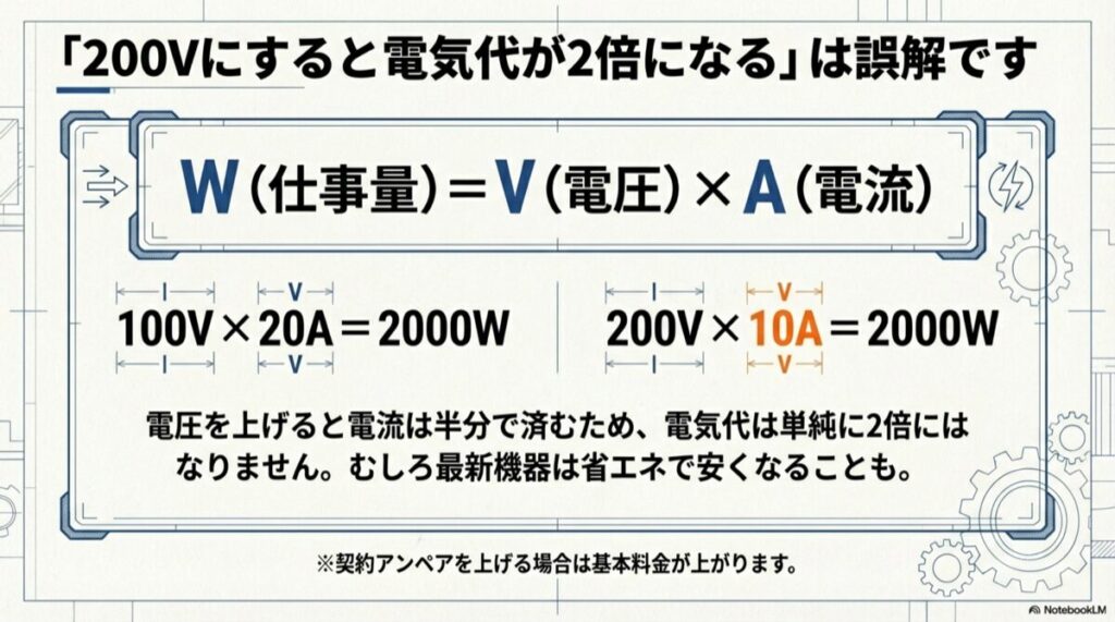 $100V \times 20A$ と $200V \times 10A$ が同じ $2000W$ になることを示す電力計算の図解