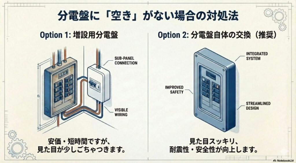 増設用サブパネル（Option 1）と分電盤丸ごと交換（Option 2）の見た目と安全性の比較図