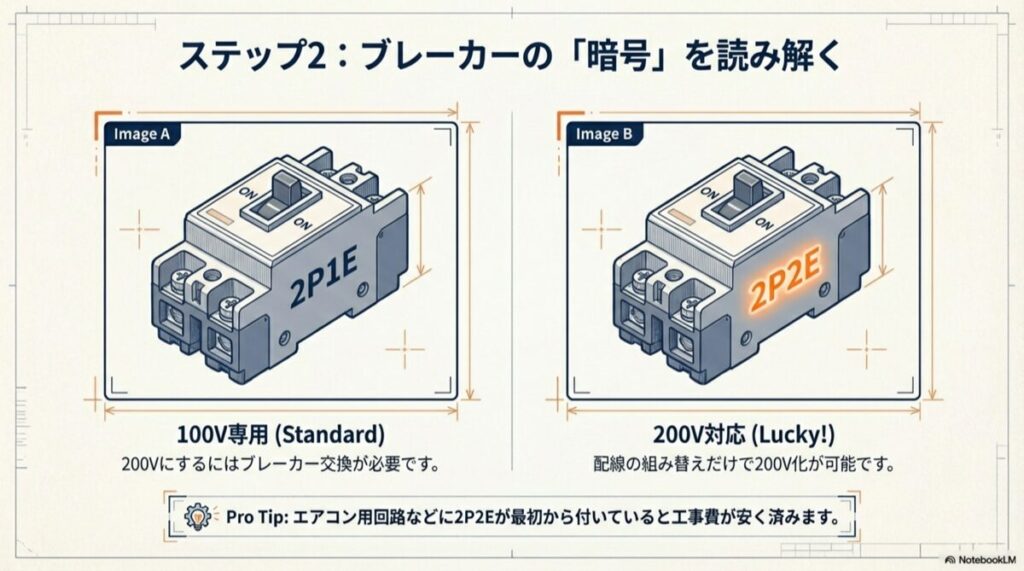 00V専用の2P1Eブレーカーと、配線組み替えで200V化可能な2P2Eブレーカーの比較図