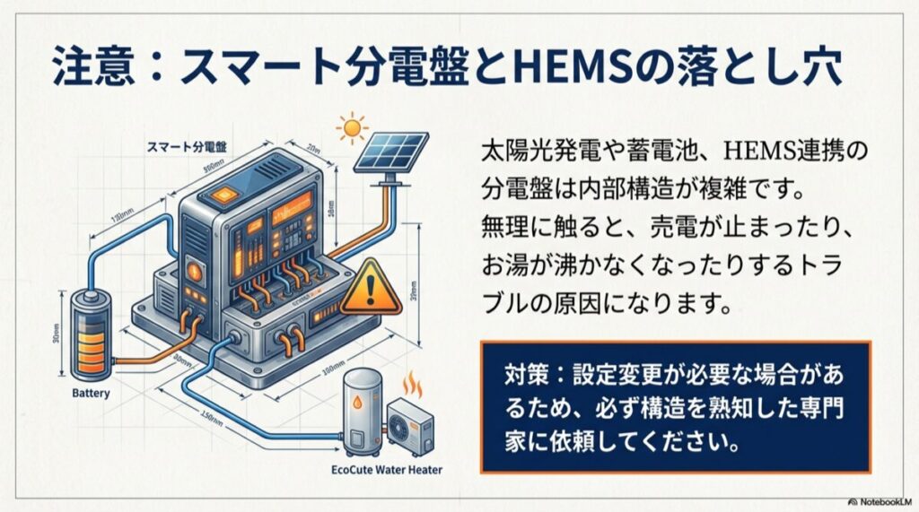 太陽光発電、蓄電池、エコキュートが繋がった複雑なスマート分電盤の構造図