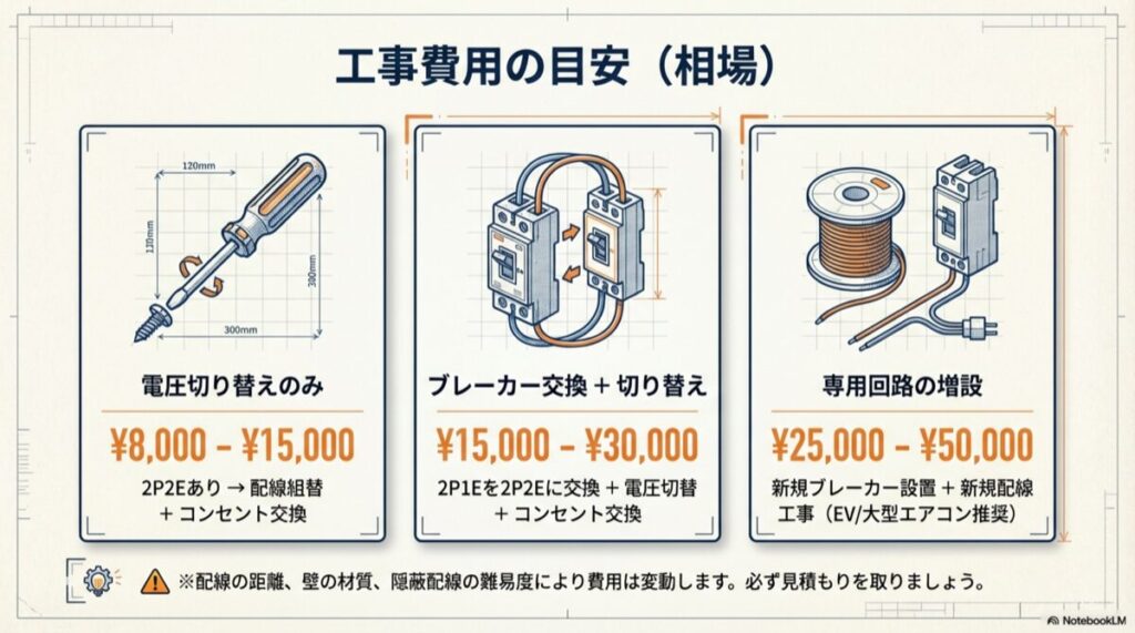 電圧切り替え（8,000円〜）から専用回路増設（50,000円〜）までの費用内訳イメージ