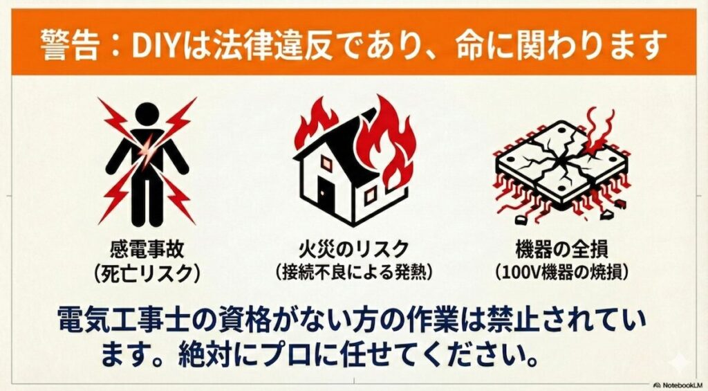 電、火災（接続不良）、100V機器の焼損リスクを示す警告アイコン
