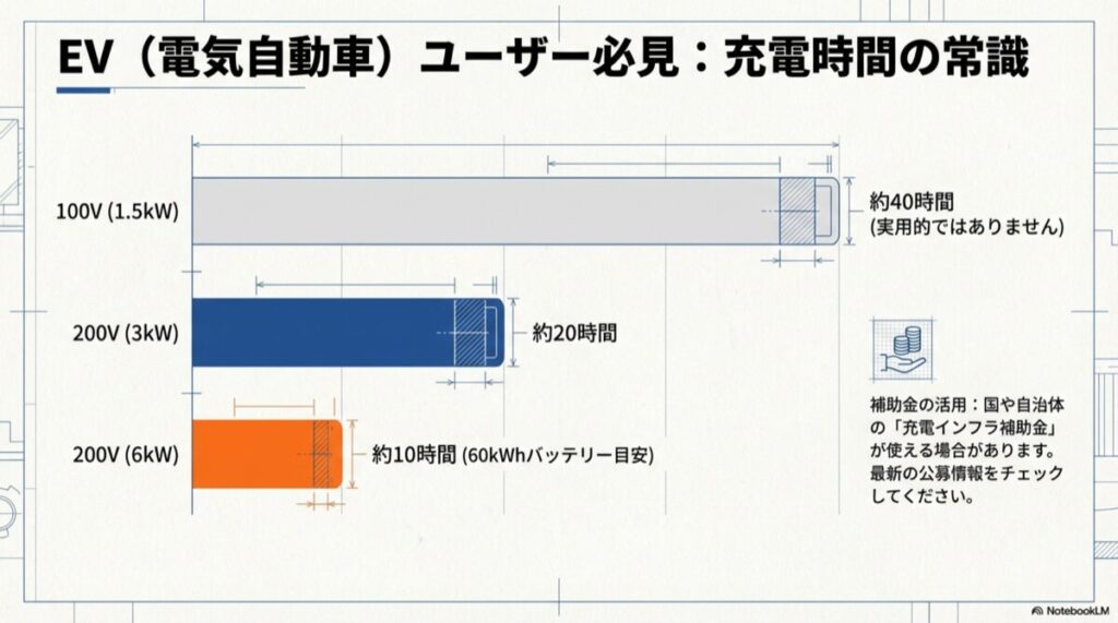 100V（約40時間）に対し、200V 6kW（約10時間）で済む圧倒的なスピード差のグラフ 