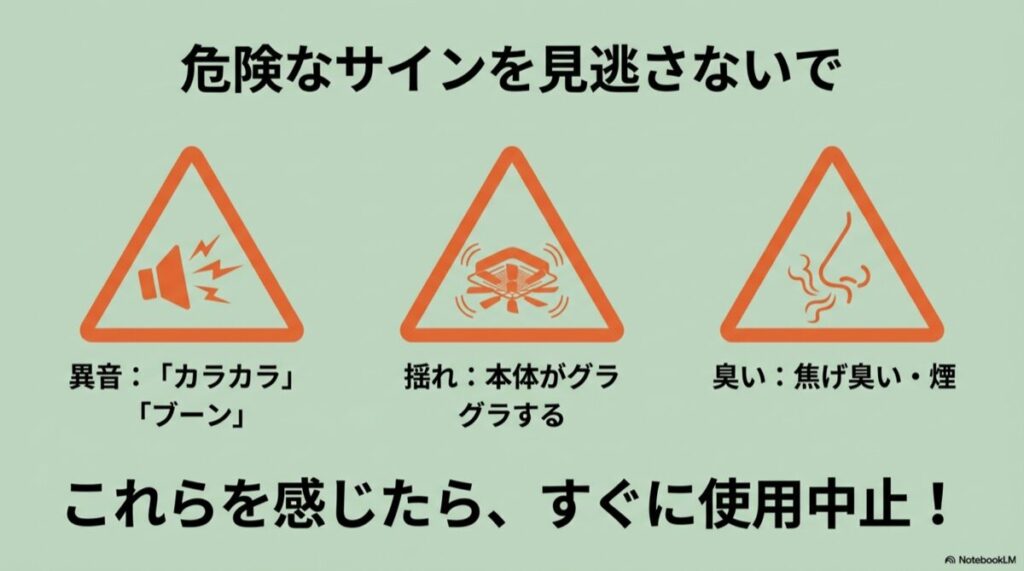 異音、揺れ、焦げ臭いといった危険を知らせる3つのサインのアイコン