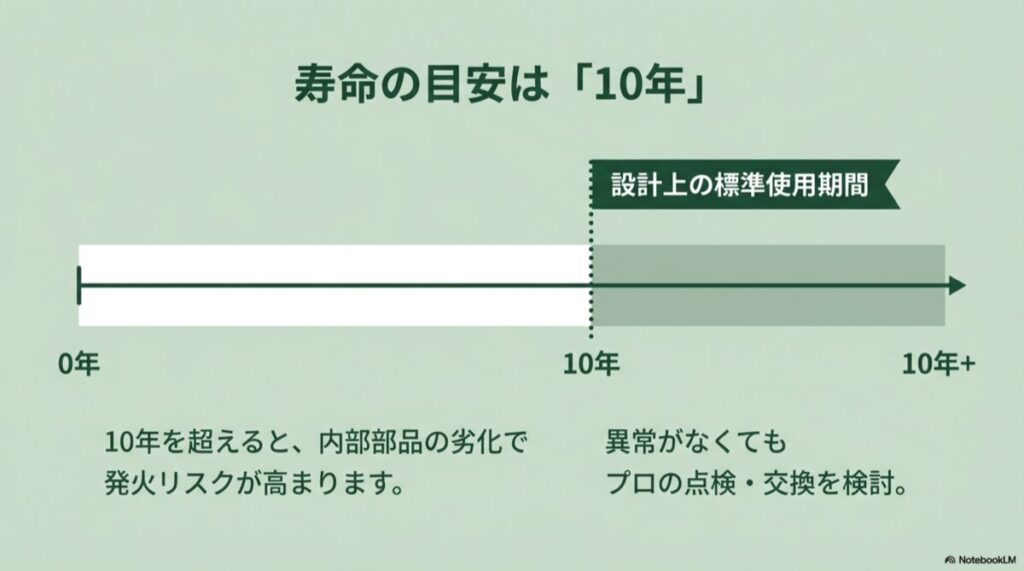 0年を超えると内部部品の劣化で発火リスクが高まることを示す図