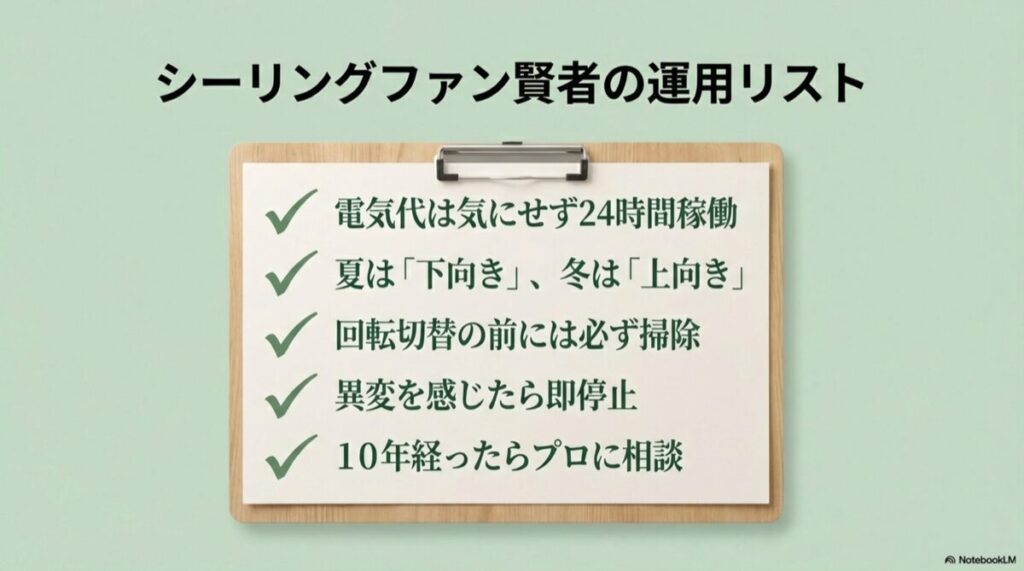 電気代、回転方向、掃除、異変、10年目の点検をまとめたチェックリスト