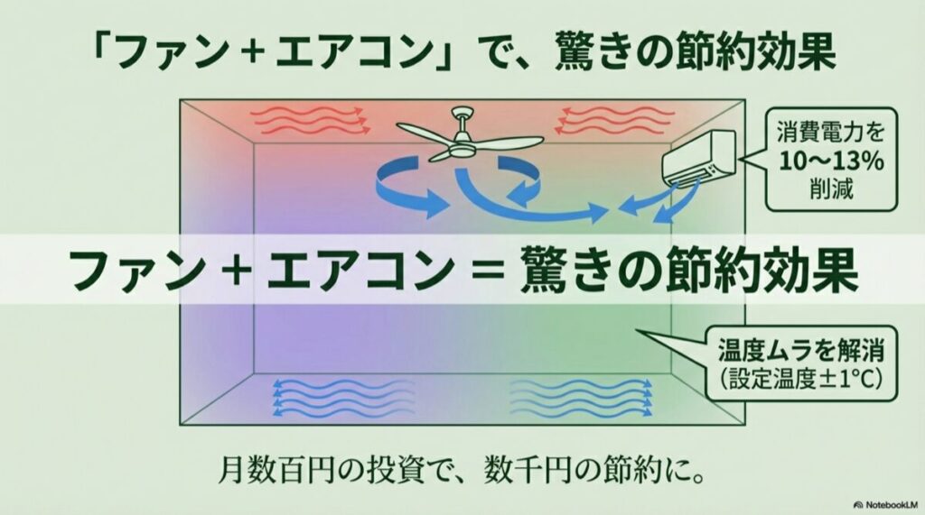 アコン併用による節約効果 シーリングファンで空気を循環させ、エアコンの消費電力を10〜13%削減する図解