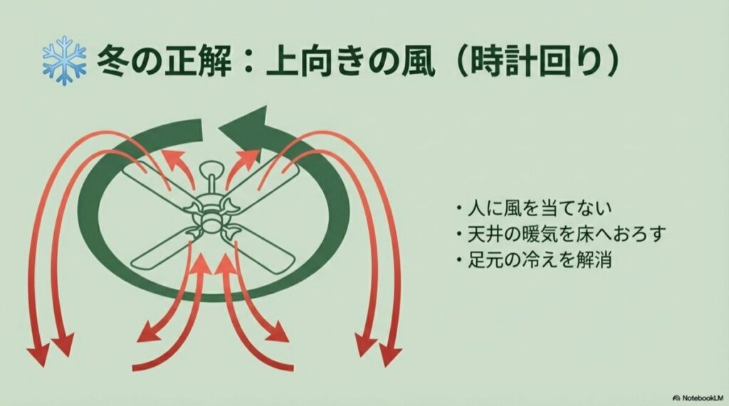 冬は時計回りで上向きの風を作り、天井の暖気を床へ下ろす図