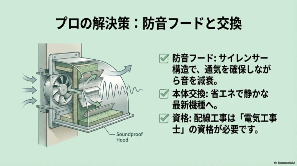 防音フード内部のサイレンサー構造によって音が減衰する仕組みのカット図