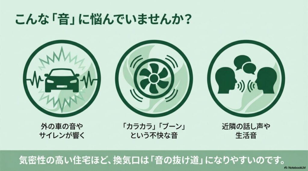 住宅の断面図で、外の音の侵入、換気扇からの発生、家の中の音の漏洩を示す図解