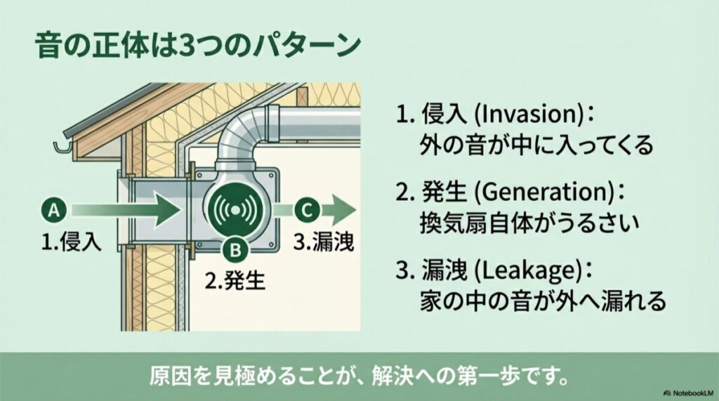 住宅の断面図で、外の音の侵入、換気扇からの発生、家の中の音の漏洩を示す図解